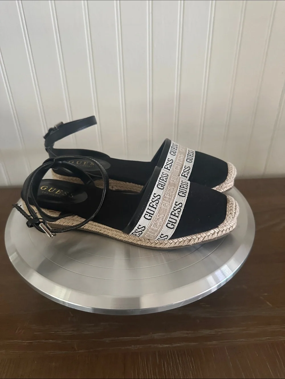 Guess Black Sandal Espadrilles with White Logo Like New sz 6.5